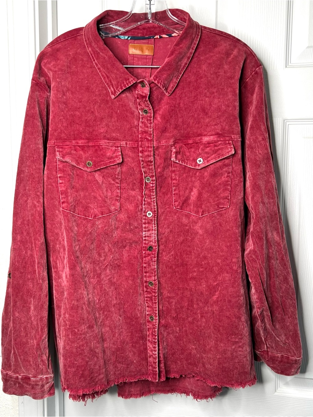 Umgee Sz 1XL Womenās Cotton Tracker frayed Ham Button Jacket Velvet Burgundy